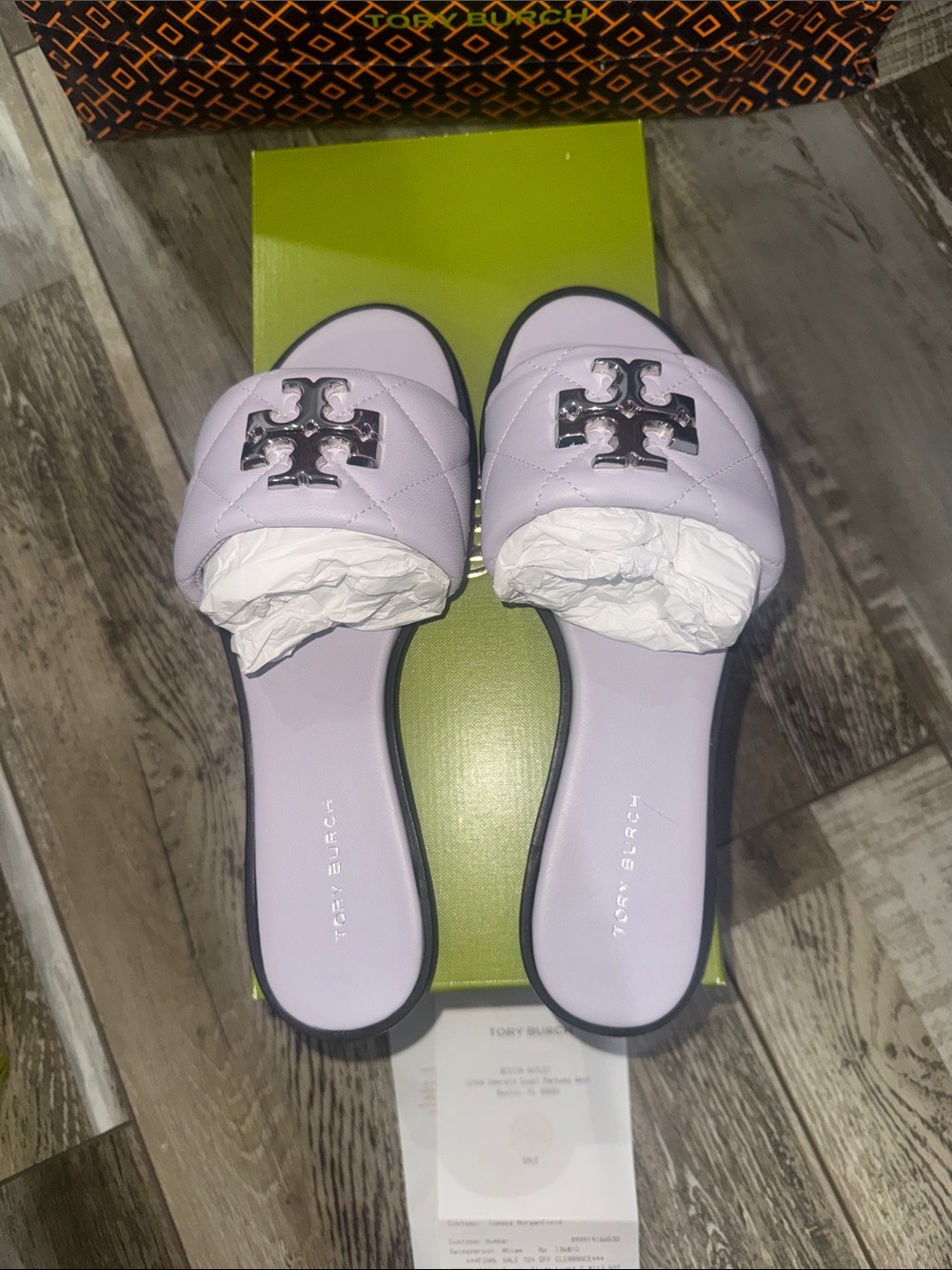 Tory Burch Quilted Lilac Slide Mules with Silver Logo
